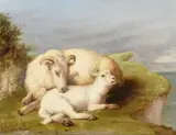 Ewe and lamb in a landscapeOil on canvasSigned with monogram (lower right) and further signed (lower left)34 x 44cm (13¼ x 17¼ in.) by R.S Moseley, oil, offered Dec 2021