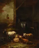 Sheep, goats and horses in a barnOil on canvas53 x 44cm (20¾ x 17¼ in.) by Joseph Moerenhout, oil, offered Dec 2021