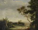 Figures on a country path in a landscapeOil on canvas41 x 52cm (16 x 20¼ in.)Condition Report: The canvas has been lined by Edward Williams, oil, offered Dec 2021
