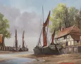 A cottage and harboured boats by Dion Pears, oil on canvas, sold Feb 2023