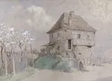 Continental view with figures before a timbered house by Frank Galsworthy, 1938, watercolour, sold Feb 2023