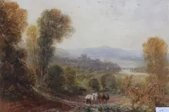 Autumnal view with a ploughman, Hay-on-Wye, labelled and titled to mount, 20 x 29cm by David Cox Snr., watercolour, sold Feb 2023