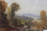 Autumnal view with a ploughman, Hay-on-Wye, labelled and titled to mount, 20 x 29cm by David Cox Snr., watercolour, sold Feb 2023