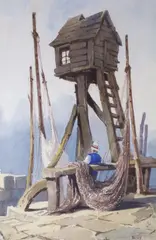 Jetty scene with look-out tower by Samuel Prout, watercolour, sold Feb 2023