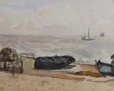 Coastal scene with moored boats, 10 x 12cm by Thomas Churchyard, watercolour, sold Feb 2023