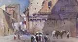 View of Bocca della Verita, Rome, with figures and horses in foreground, Fine Art Society label verso, 11 x 21cm by William Leighton Leitch, gouache on card, sold Feb 2023