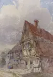 Half timbered street tavern, said to be near Ruthin, Wales by David Cox Snr., watercolour, sold Feb 2023