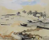 Harbour scene, singed, inscribed, and dated ‘79, 27 x 32cm by Elizabeth Duncan Meyer, ink and watercolour, offered Feb 2023
