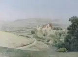 View in high summer, rolling hills and View of Ludlow Castle by Frank Galsworthy, 1934, watercolour, sold Feb 2023