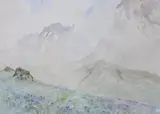 Mountain landscape with spring flowers in the foreground by Frank Galsworthy, 1987, watercolour, offered Feb 2023