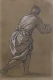 Study of a figure in drapery; verso pencil sketch, semi-nude figure study, provenance label, both 13 x 9cm by Henry Wallis, pencil and chalk, sold Feb 2023