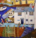 Cornish harbour scene, monogram lower right, 76 x 76cm by Gina Farrell, Acrylic on canvas, Cornish harbour scene, monogram lower right, sold Feb 2023