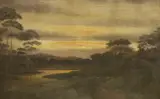 River landscape at sunset, 55 x 86cm by Harrison Bird Brown, oil on canvas, sold Feb 2023
