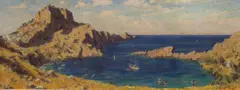 St Paul's Bay, Lindos, Rhodes by Ernest Knight, oil on board, sold Feb 2023