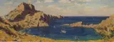 St Paul's Bay, Lindos, Rhodes by Ernest Knight, oil on board, sold Feb 2023