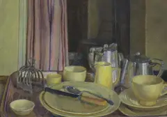 Breakfast table still life, 28 x 38cm by Hilda Carline, pastel, sold Feb 2023