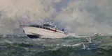 Motorcruiser at sea by John Heseltine, oil on canvas board, sold Feb 2023