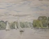 Sailing, Kingston Reach by John Sanderson-Wells, watercolour, offered Feb 2023