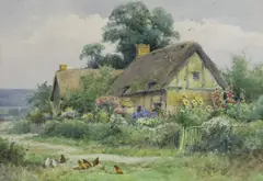 Chickens beside a thatched cottage by Henry John Sylvester Stannard, watercolour, sold Feb 2023