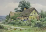 Chickens beside a thatched cottage by Henry John Sylvester Stannard, watercolour, sold Feb 2023