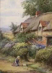 Child and kitten beside a thatched cottage by Henry John Sylvester Stannard, watercolour, sold Feb 2023