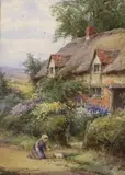 Child and kitten beside a thatched cottage by Henry John Sylvester Stannard, watercolour, sold Feb 2023