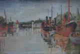 Shipping moored in harbour by E. Nelson, oil on canvas, sold Feb 2023