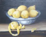 Still life of lemons in a delft bowl by Julie Harris, 1994, oil on panel, sold Feb 2023