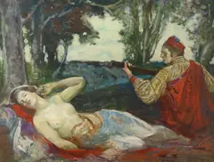 Reclining nude and troubadour by John Henry Amshewitz, oil on wood, sold Feb 2023