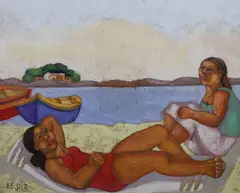 Sunbathers by Juana Elena Diz, oil on canvas, sold Feb 2023