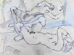 A study of a recumbent figure gazing in by Edward Piper, charcoal and pastel on paper, sold Feb 2023