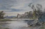 River landscape with abbey ruins by Charles Henry Baldwyn, 1912, watercolour, offered Feb 2023