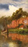 River landscape with sail boat and thatched cottage by Robert Gallon, oil on canvas, sold Feb 2023