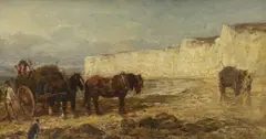 Seaweed gatherers on the shore by John Sargeant Noble, oil on canvas, sold Feb 2023