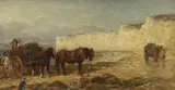 Seaweed gatherers on the shore by John Sargeant Noble, oil on canvas, sold Feb 2023