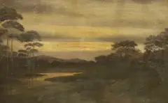 River landscape at sunset, 55 x 86cm by Harrison Bird Brown, oil on canvas, offered Feb 2023