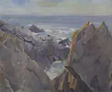 Coastal scene, monogrammed, 50 x 60cm by Montaque Leder, oil on canvas, sold Feb 2023