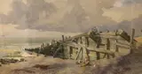 Coastal scene with figures beside a groyne, Brighton by P. Davidson, watercolour, sold Feb 2023