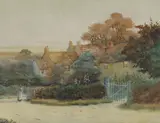 Figures in a village street by George Oyston, watercolour, offered Feb 2023