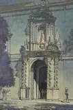Spanish church archway by Lawrence Wright, 1932, charcoal and watercolour, offered Feb 2023
