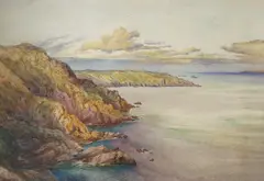 Coastal landscape, Channel Islands by William John Caparne, watercolour, sold Feb 2023