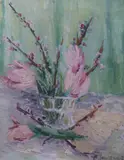 Still life of Magnolia blossom in a glass vaseoil on canvassigned and by Basil Jonzen, oil on canvas, sold Jan 2023