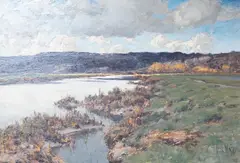 River landscape by José Weiss, oil on wood, sold Jan 2023