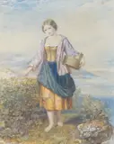 Girl on a hilltop picking blackberries by Augustus Jules Bouvier, 1854, watercolour, offered Jan 2023