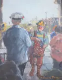 Clown and other figures at a funfair by Sheila Turner, oil on board, sold Jan 2023
