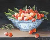 Still life of cherries in a delft bowl by Julie Harris, oil on panel, offered Jan 2023