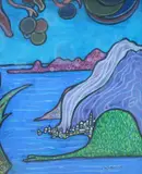 Stylised coastal landscape by Chanael Mifeleur, pastel, sold Jan 2023