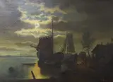 Moonlit estuary scene with boatmen around a bonfire by F. Kampe, 1875, oil on canvas, sold Jan 2023