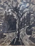 Street scene with central tree, initialled in pencil, 52 x 41cm, unframed by Emil Bizer, woodcut, sold Jan 2023