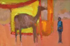 Figure standing beside a camel, 21 x 31cm by Paul Bassingthwaighte, oil on canvas, sold Jan 2023